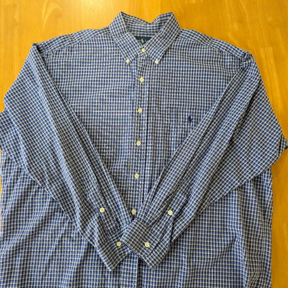 Ralph Lauren Men's Blake Button Up Shirt Pocket Poly Logo Blue Check‎ Sz X-Large